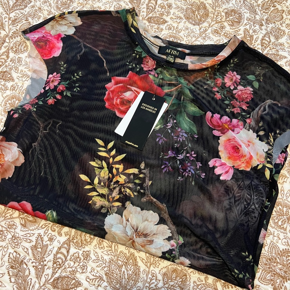 Nordstrom Floral Mesh Top - Black and Pink